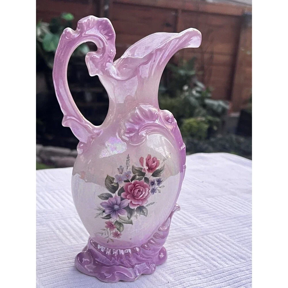 Vintage Pink Purple Ombre Iridescent Lusterware Floral Ewer Pitcher Vase 9”